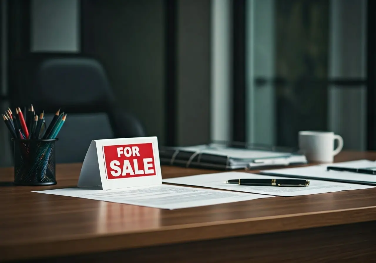 An office desk with documents and a For Sale sign. 35mm stock photo