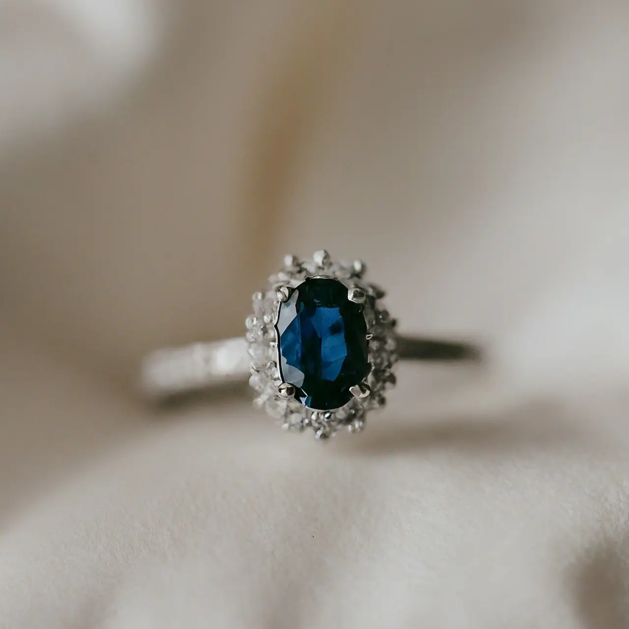 A sparkling blue sapphire ring on an elegant white cushion. 35mm stock photo