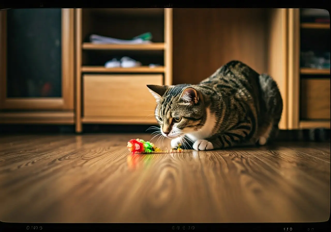 A cat playing with toys in a clean, organized room. 35mm stock photo