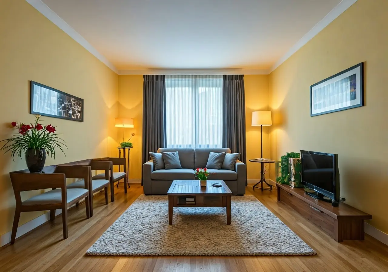 A neatly arranged living room with spotless furnishings. 35mm stock photo