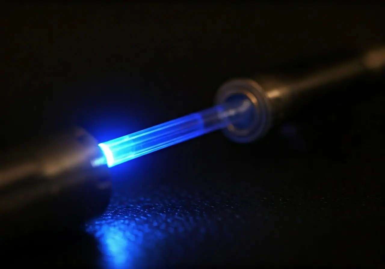 A close-up of a terahertz wand emitting blue light. 35mm stock photo