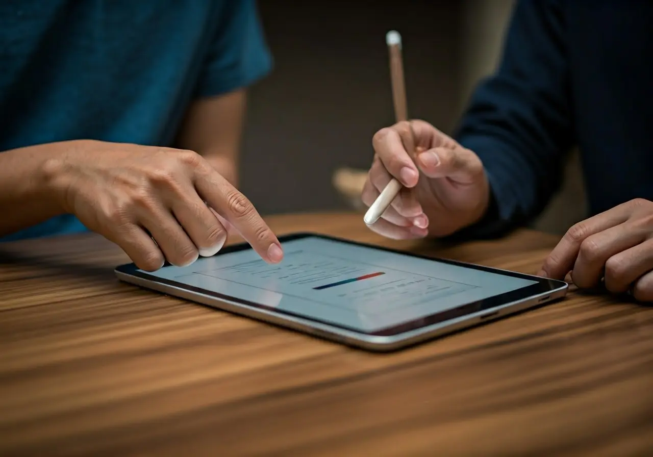 Two hands using a tablet to design a mobile app. 35mm stock photo