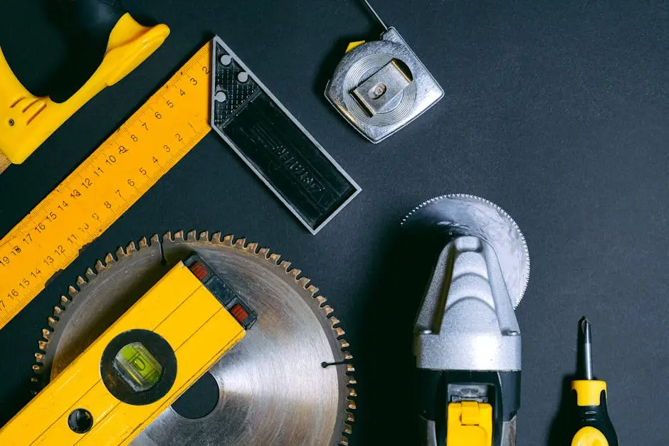 A selection of construction hand tools arranged flat lay style on a dark surface. Ideal for industry themes.