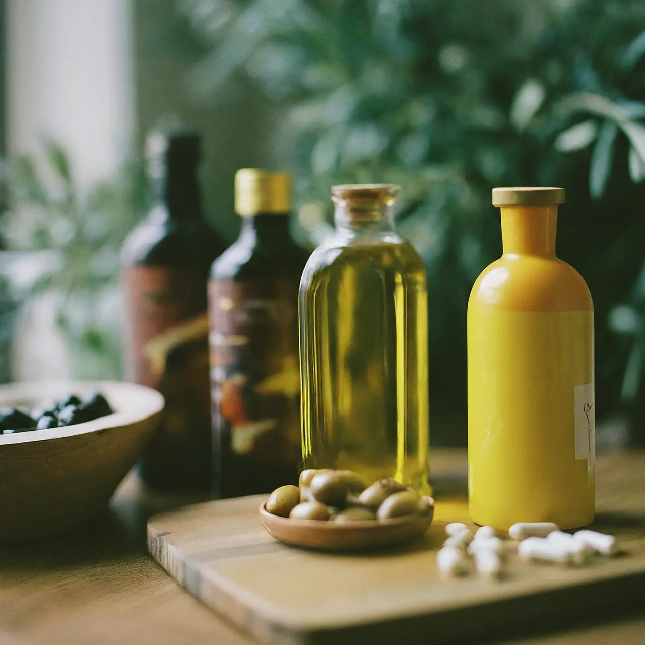 A variety of olive oil bottles and supplements on a table. 35mm stock photo