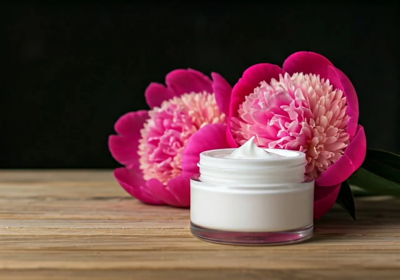 A jar of firming cream beside a blooming peony flower. 35mm stock photo