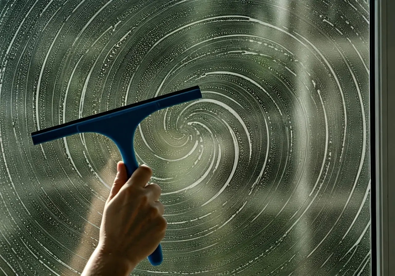 A person cleaning a window with a squeegee. 35mm stock photo