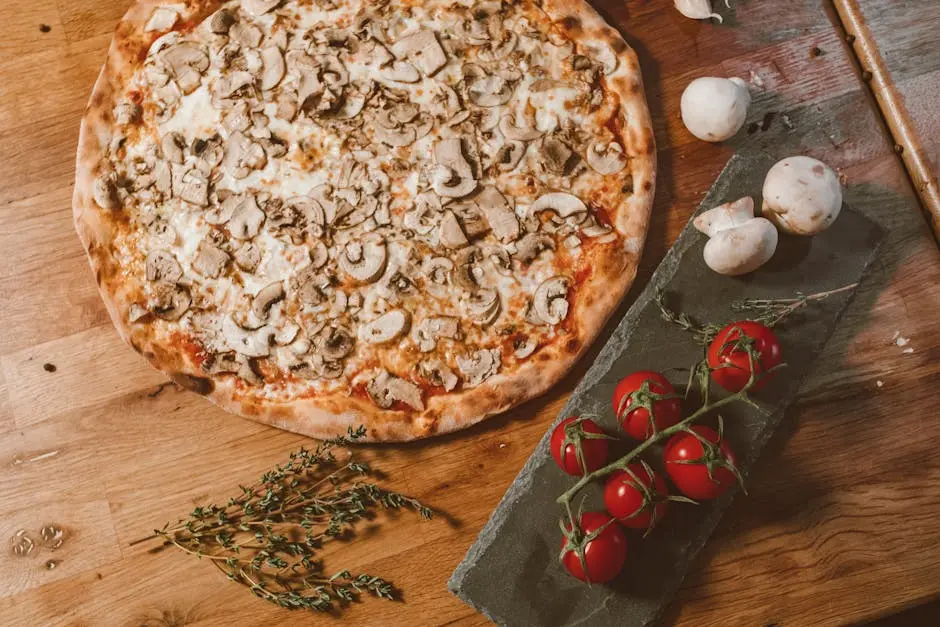 Appetizing pizza with mushrooms and tomatoes on rustic wooden table, perfect for food enthusiasts.