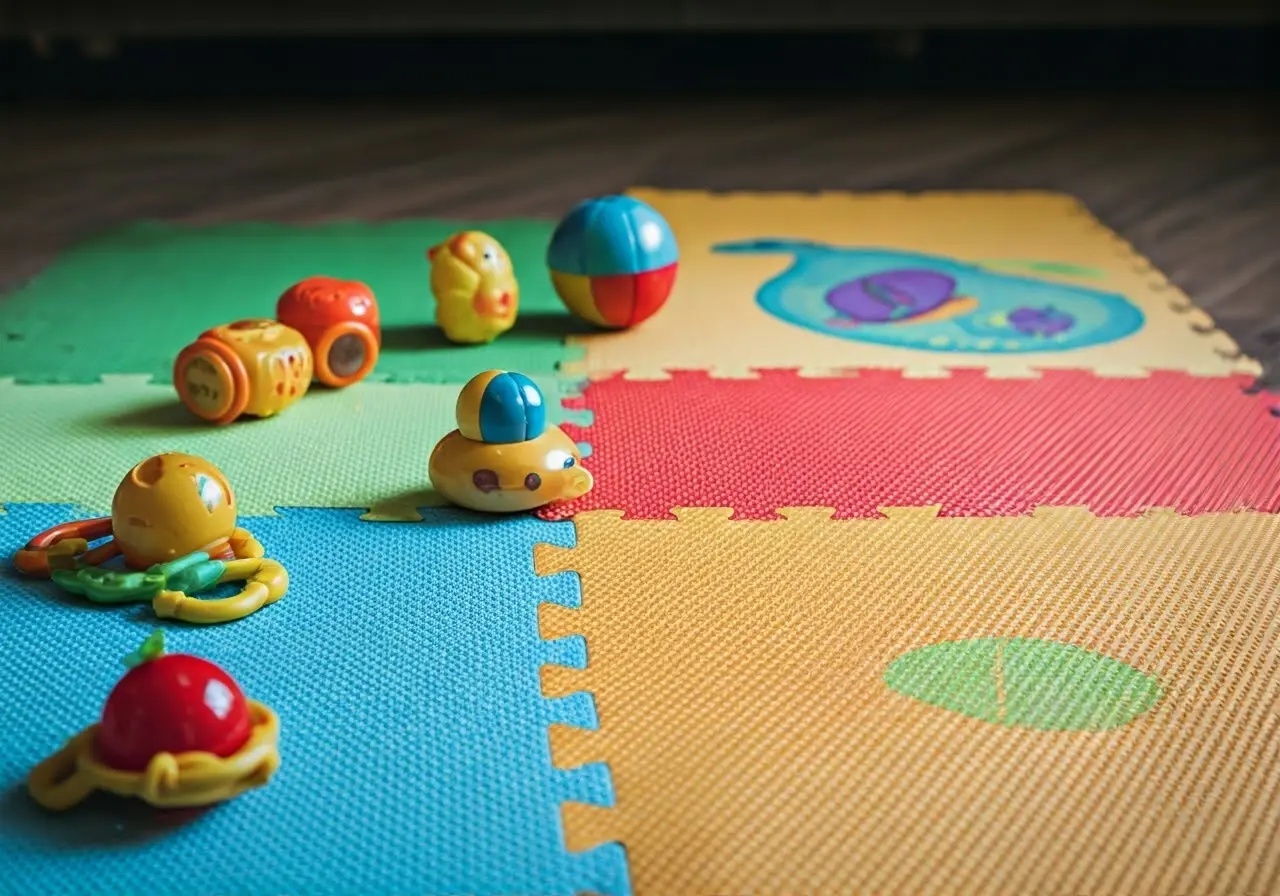 Colorful baby mat with toys scattered around. 35mm stock photo